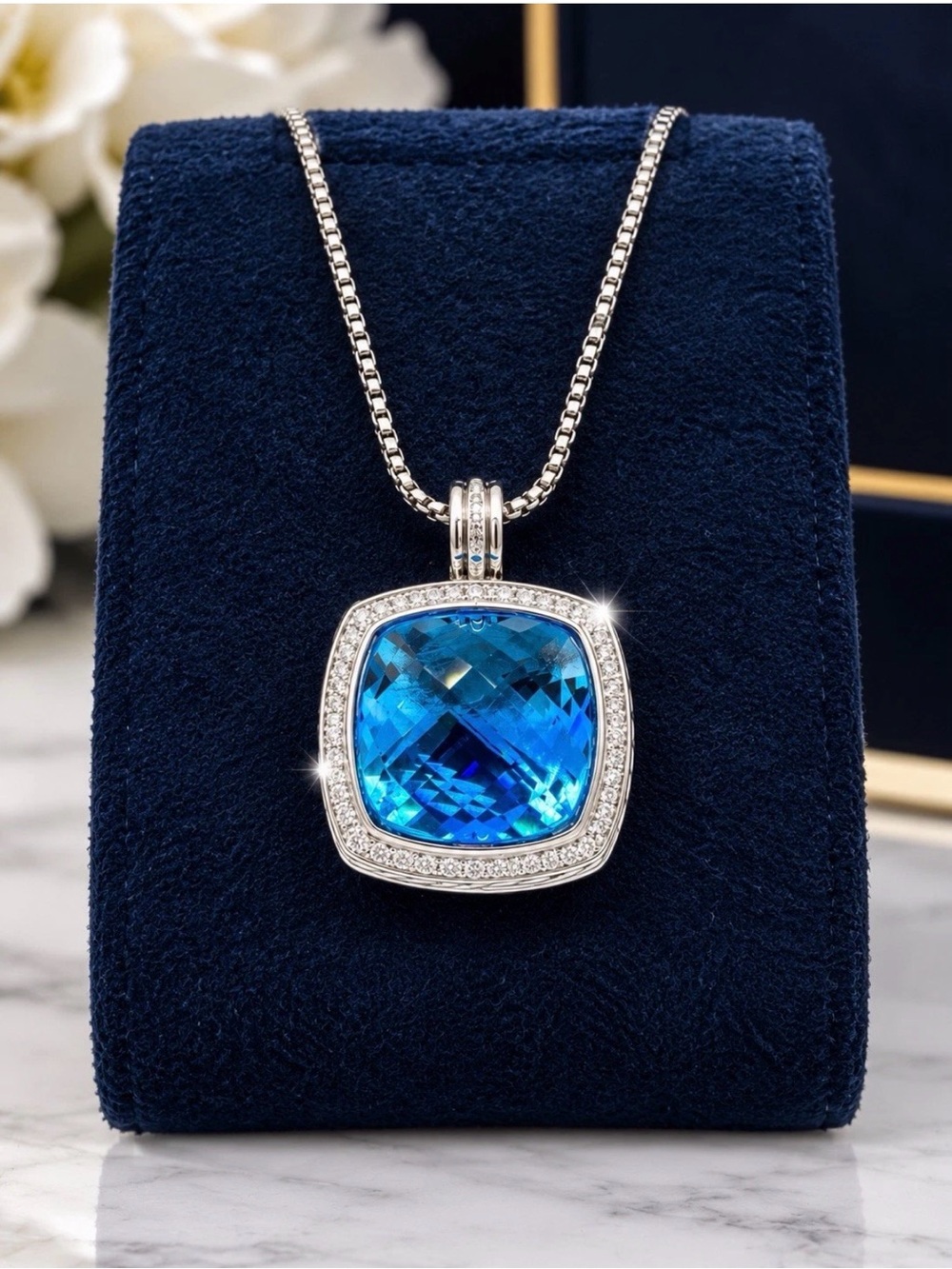 David Yurman Albion Blue Gemstone Diamond Pendant Necklace Sterling Silver 💎 18”